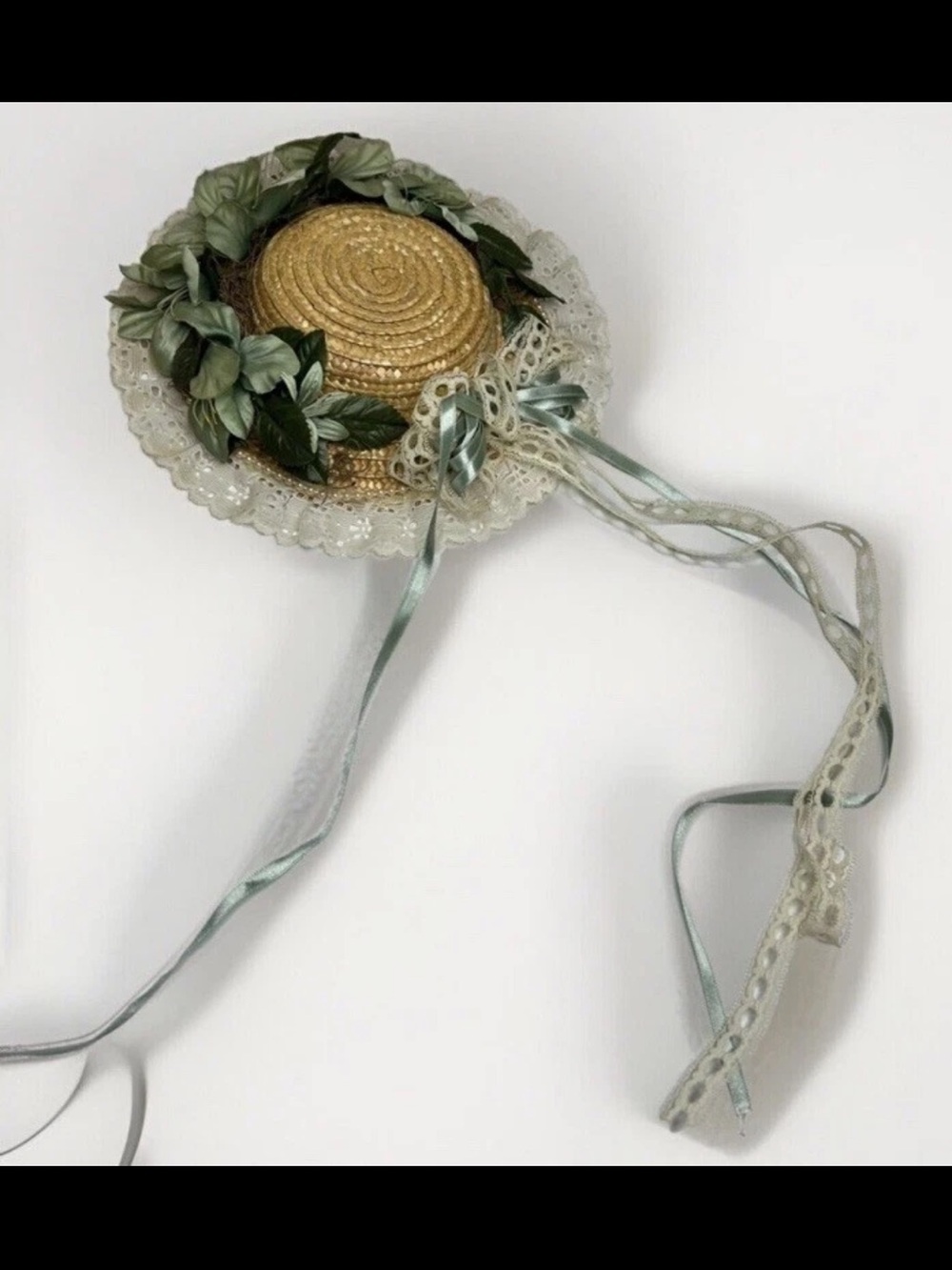 Vintage Victorian Hanging Green White Floral Lace Straw Hat / Doll Hat 10In